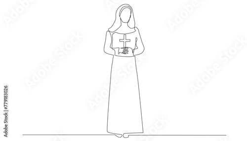 continuous line drawing of a nun.single line vector of a holy woman, woman serving God.one line drawing of a nun standing holding a cross. isolated on white background