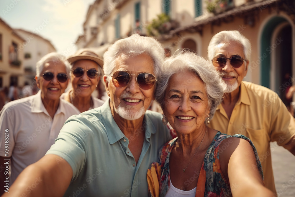 Group of happy senior people taking selfie on mobile phone on vacation, retired friends smiling at camera, pensioners having fun on holidays. Retirement hobby and leisure activity for elderly people. Group of happy senior people taking selfie on mobile phone on vacation, retired friends smiling at camera, pensioners having fun on holidays. Retirement hobby and leisure activity for elderly people.