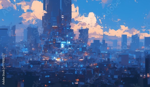 Abstract Blue, Orange and White Painting of Cityscape with Black Background 