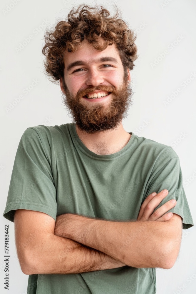 Obraz premium A man with curly hair and a beard smiling. Suitable for various promotional materials