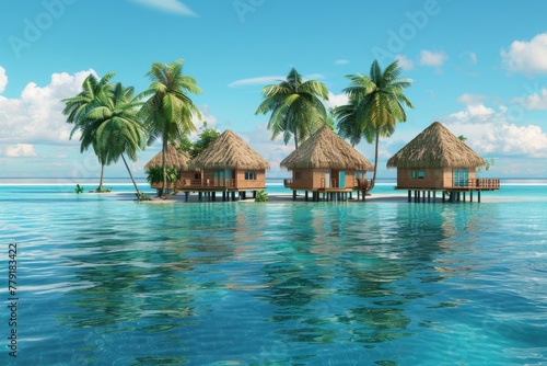A group of traditional huts built on a body of water. Suitable for travel brochures
