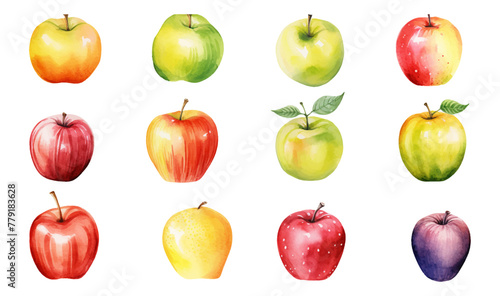 set of Watercolor elements of apple fruits, leaves and flowers for posters, wedding cards, summer boho banners, cover design templates, social media post, spring wallpapers. Vector apples illustration