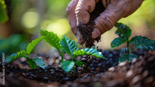 Coffee grounds being added to baby vegetables plant as natural organic fertilizer rich in nitrogen for growth AI generated