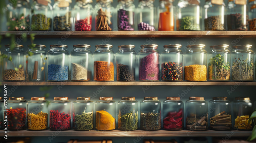 A shelf filled with colorful glass jars of different sizes, each containing various spices and herbs