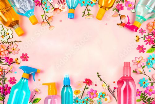 Set of cleaning products on pink background. Space for text. Cleaning service in spring