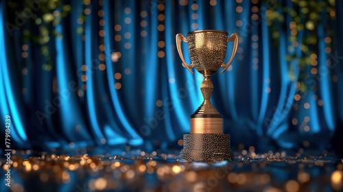 Golden trophy cup on blue curtain background. Award concept.
