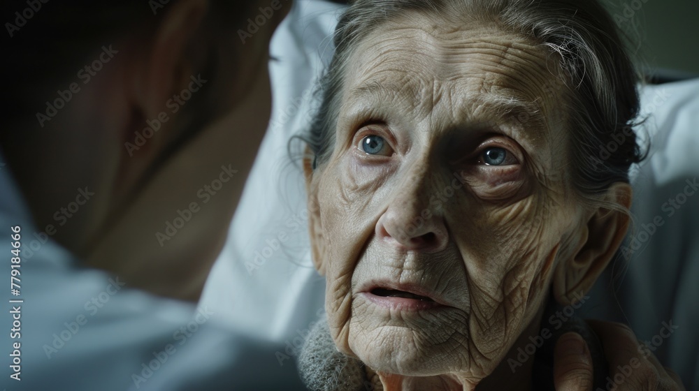 Elderly woman receiving medical examination, suitable for healthcare concepts
