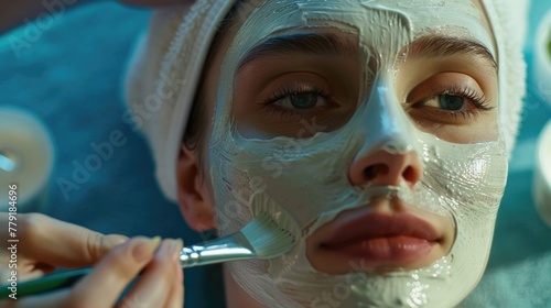 A woman getting a facial mask treatment, suitable for beauty and skincare concepts