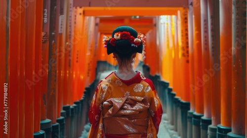 A woman in a traditional kimono walking through a tunnel. Suitable for cultural and travel concepts