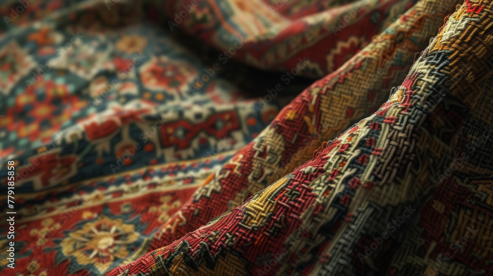 A close-up of a detailed, handwoven rug with intricate patterns and rich colors