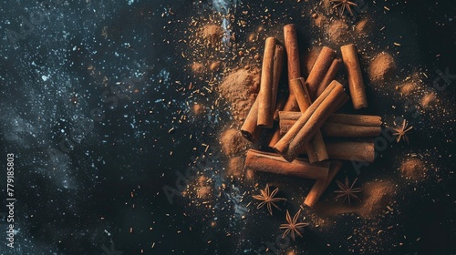 Aromatic cinnamon sticks and star anise on a dark surface, perfect for food and spice concepts photo