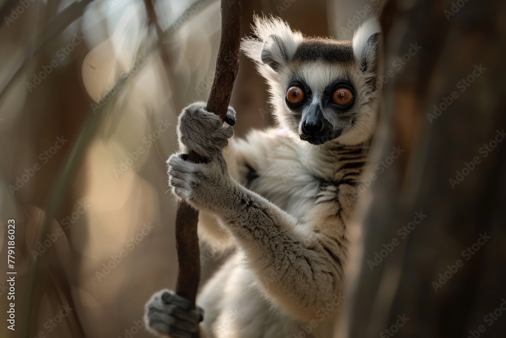 Fototapeta premium Close up of a lemur on a tree branch, suitable for nature themes