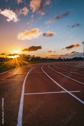 Beautiful sunset over a running track, ideal for sports and fitness concepts
