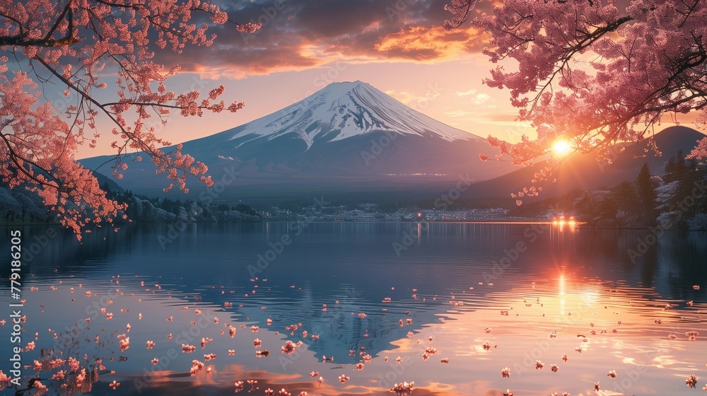 Sunset Glow on Mount Fuji, generative ai