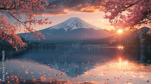 Sunset Glow on Mount Fuji  generative ai