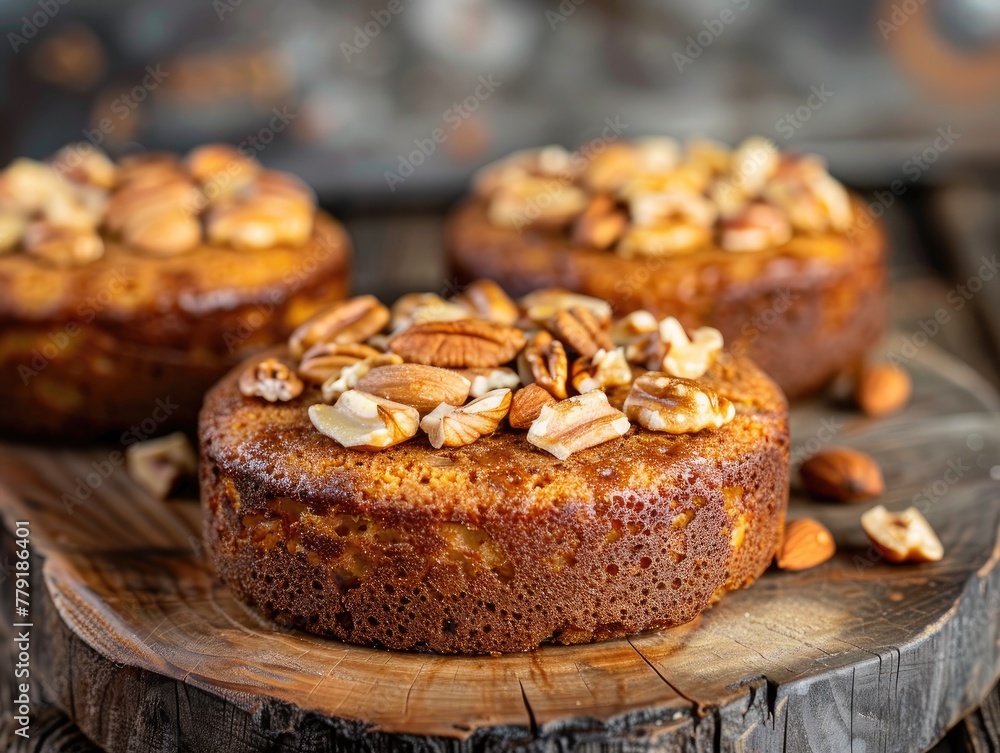 front view, delicious nut cakes adorned with an array of nuts rest invitingly on a rustic wooden surface. The golden-brown cakes are generously topped with a variety of nuts, 