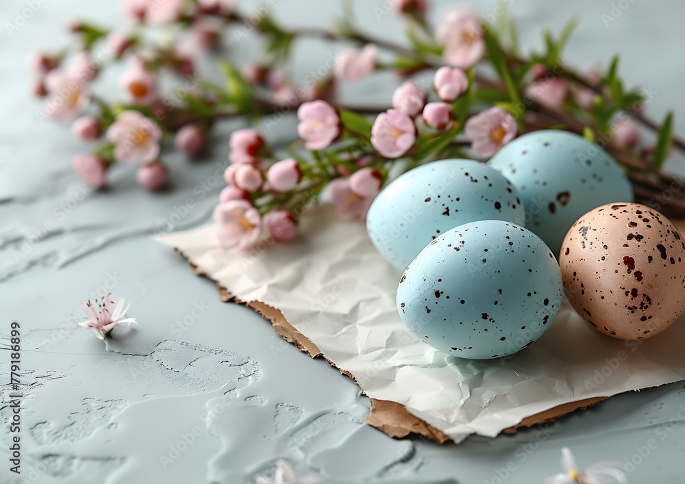 Fototapeta premium Easter invitation, greeting template, gentle spring blossom and pastel colour easter eggs