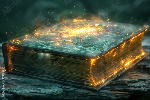 enchanted book glowing with magical lights on a mystical dark background