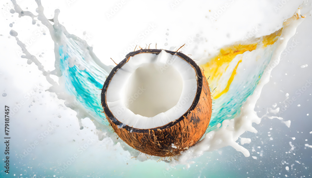 Visual Representation of the Moment a Falling Coconut Collides with Water and Milk, Transformed into an Artistic Scene. Slices and Splashes.
Visual Representation of the Moment a Falling Coconut Collides with Water and Milk, Transformed into an Artistic Scene. Slices and Splashes.