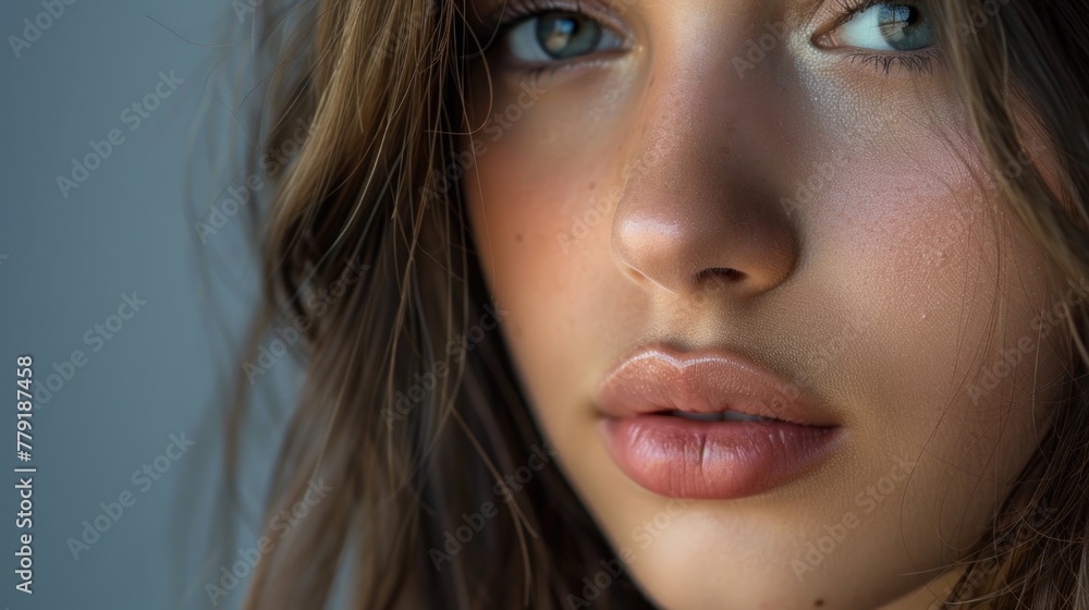 Obraz premium Close-up of a woman's face with striking blue eyes, perfect for beauty and skincare concepts