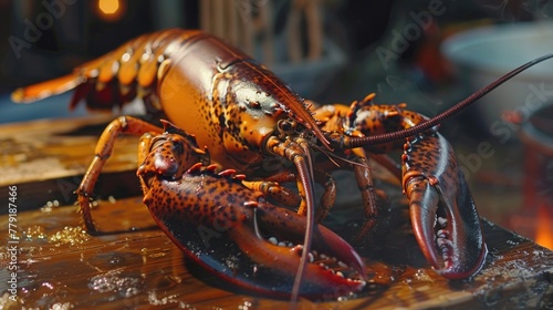 A large lobster sitting on top of a wooden table. Perfect for seafood restaurant promotions