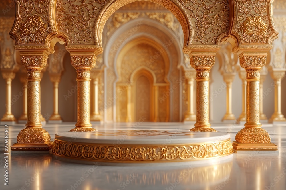 Interior of a mosque. Arch entrance. Podium and arches for product display.