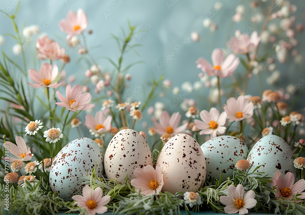 Easter invitation template, gentle spring blossom and pastel colour easter eggs Easter invitation template, gentle spring blossom and pastel colour easter eggs