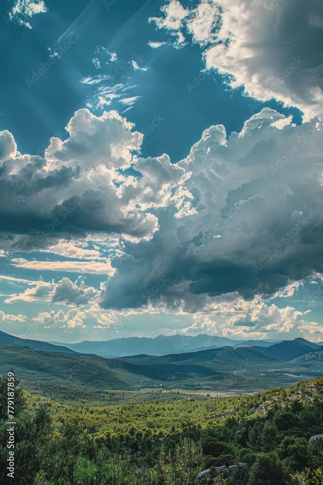 A scenic view of a mountain range with dramatic clouds in the sky. Perfect for travel and nature concepts