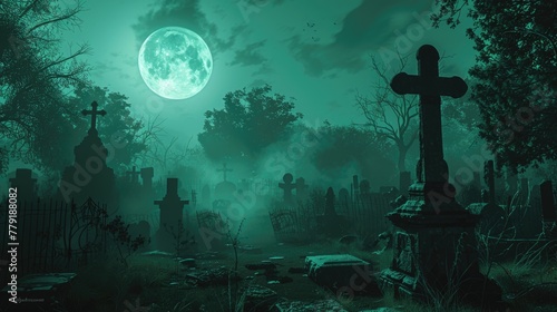 A spooky cemetery under the full moon. Ideal for Halloween designs