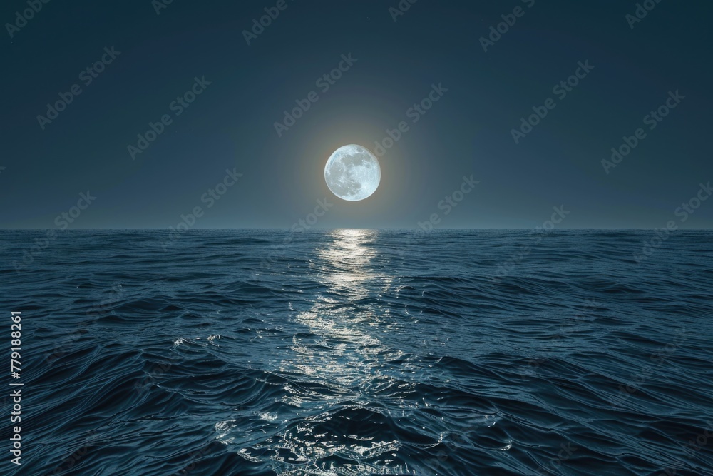 A serene night scene with a full moon illuminating the ocean. Suitable for various design projects A serene night scene with a full moon illuminating the ocean. Suitable for various design projects