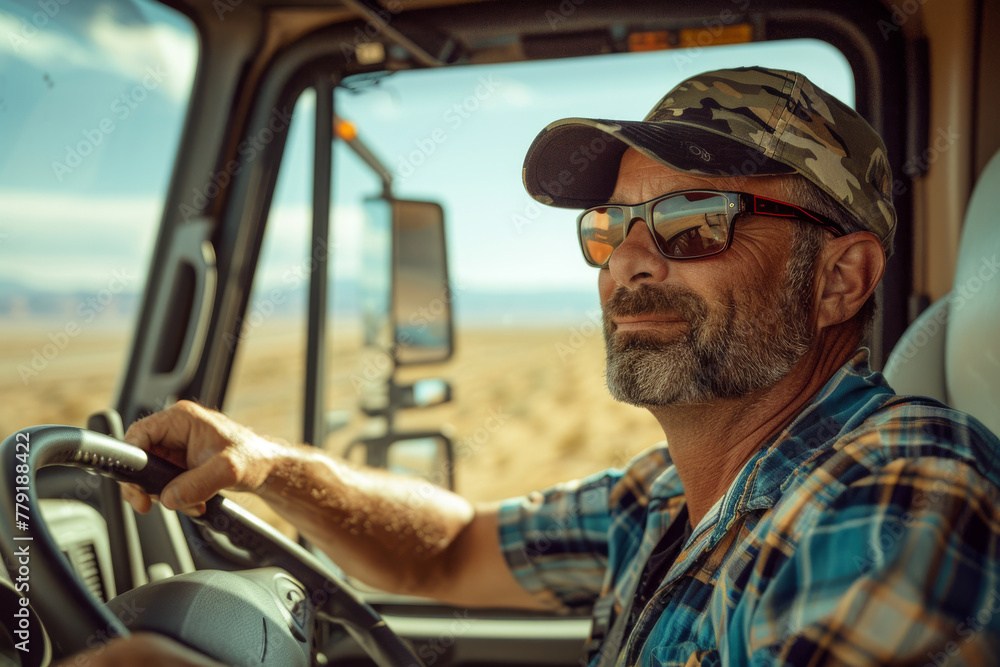 Experienced truck driver crossing a desert landscape. Experienced truck driver crossing a desert landscape.