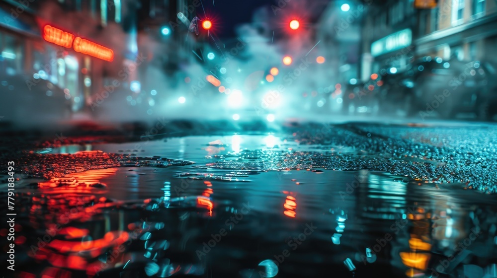 Urban street at night with reflective water puddle. Suitable for urban and night-themed designs