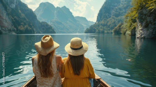 Two women enjoying a peaceful boat ride on a serene lake. Ideal for travel and leisure concepts