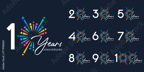 set of 10 to 100th anniversary logotype design, with colorful fireworks for celebration event, wedding, and birthday, vector illustration