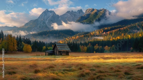 A peaceful cabin surrounded by a picturesque field and majestic mountains. Perfect for nature and travel concepts