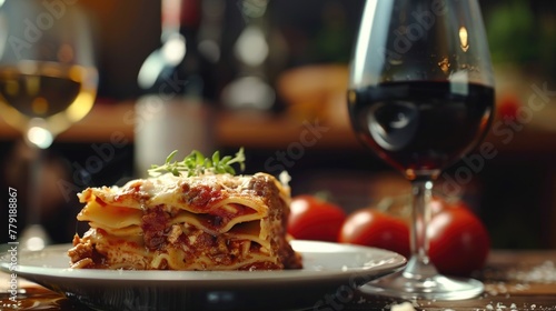 Delicious plate of lasagna served with a glass of wine. Perfect for food and beverage concepts