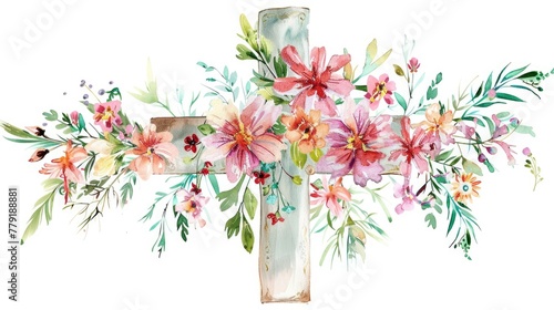 A beautiful watercolor painting of a cross adorned with flowers. Perfect for religious themes or Easter celebrations photo