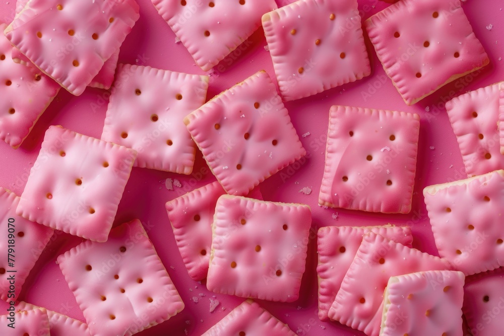 Pile of pink crackers on pink surface, ideal for food blog or bakery advertisement Pile of pink crackers on pink surface, ideal for food blog or bakery advertisement