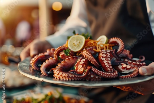 Close-up of someone holding a plate of octopus tentacles. Suitable for seafood restaurant menus