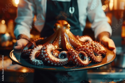 A person holding a plate of octopus tentacles. Perfect for seafood restaurant promotions