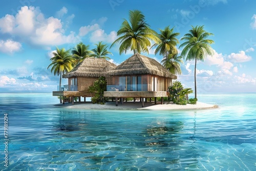 A serene tropical island with a thatched hut  perfect for travel websites or vacation brochures