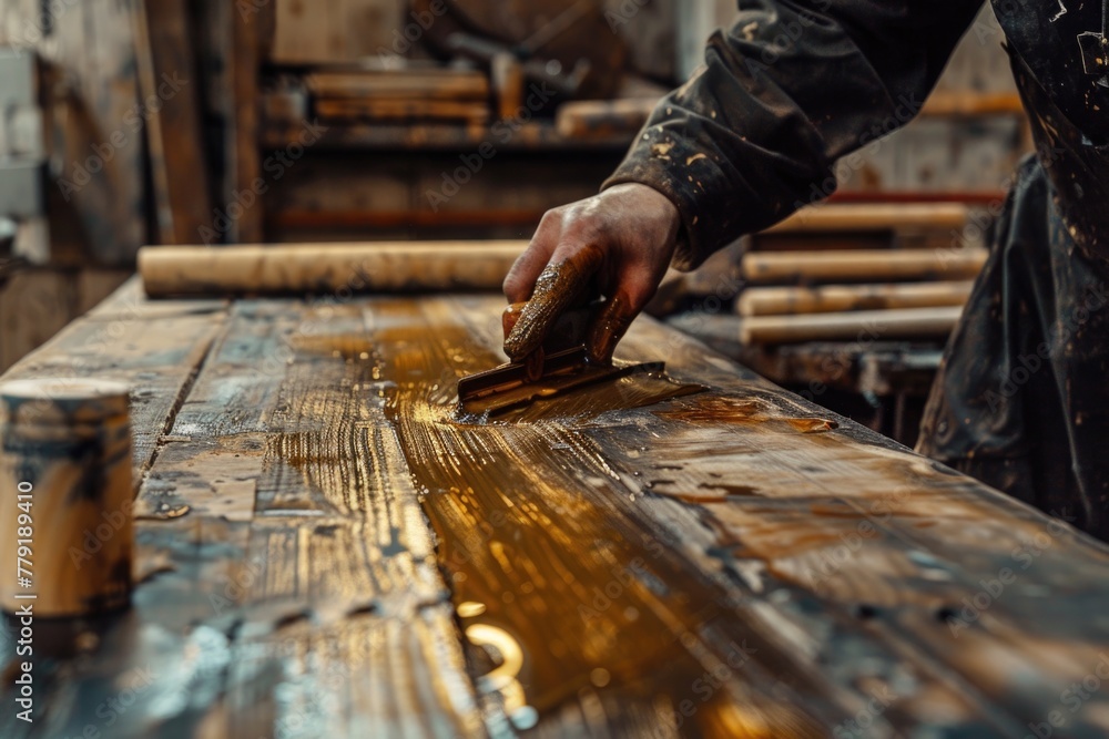 A person using a brush to paint a piece of wood. Ideal for DIY or craft projects A person using a brush to paint a piece of wood. Ideal for DIY or craft projects