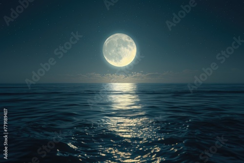 A stunning full moon shining over the dark ocean. Perfect for night scenes
