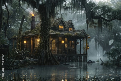 A cabin surrounded by swamp water. Suitable for outdoor and nature themes