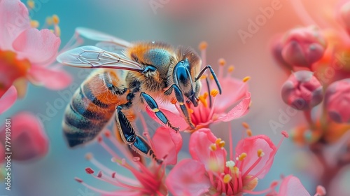 Vibrant Pollination: Close-up of Bee and Flower, generative ai © Matus