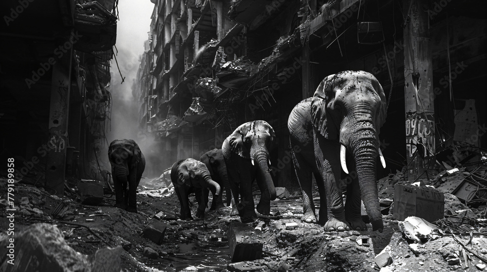 Animal parade in urban ruins, satirical twist on habitat invasion, contrast of wildlife freedom and human decay, high contrast Animal parade in urban ruins, satirical twist on habitat invasion, contrast of wildlife freedom and human decay, high contrast
