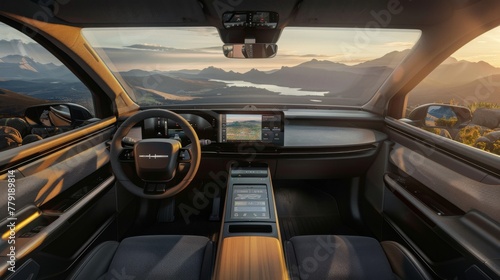 Golden Hour Drive in a Luxury Car Interior photo