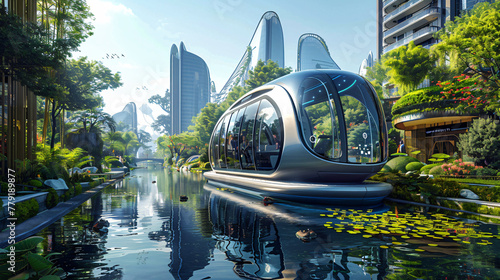 Conceptual amphibious public transport, futuristic cityscape, seamless urban to aquatic transition, eco-friendly design, mass photo
