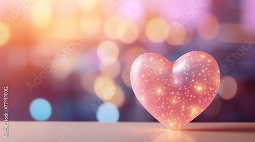 Pink pastel color love heart on blurred city light background.