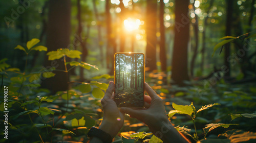 Excessive tech gadgets in minimalist nature, satire on digital detox trends, contrast of technology overload and simplicity of nature, 